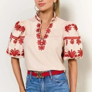 Entro Cream Embroidered Puff Sleeve Top SZ XS NWT